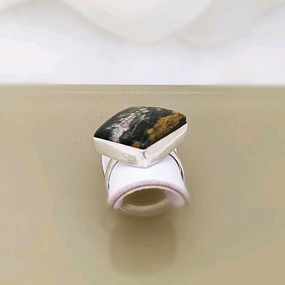 Genuine Green OCEAN JASPER Ring Natural Colors green Tan White 925 Silver Size 8 - Picture 6 of 11